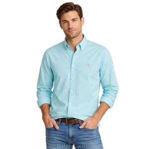 Ralph Lauren Feather Weight Twill Shirt Turquoise Blue Pink Pony Mens Small